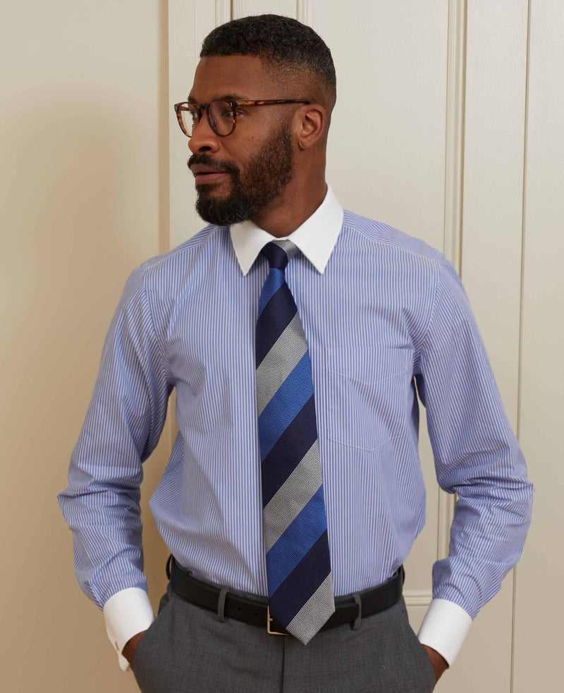 Royal Blue White Stripe Classic Fit Formal Shirt With White Collar & Cuffs - Double Cuff