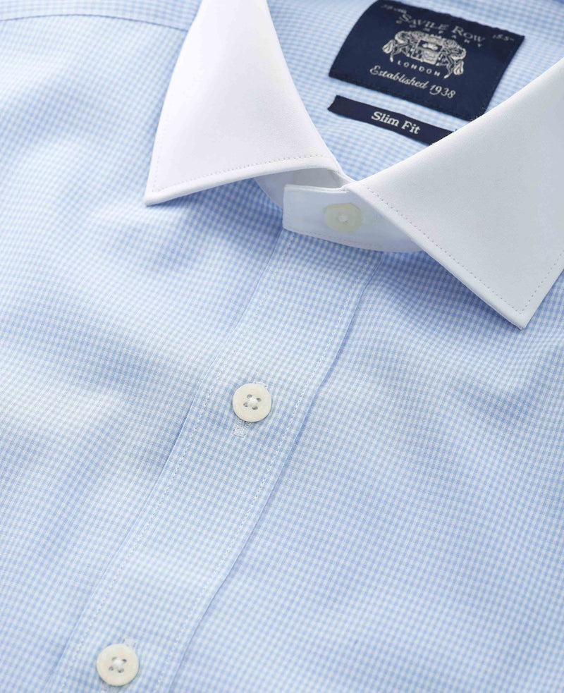 Sky Blue Cotton Gingham Check Slim Fit Winchester Dress Shirt - Double Cuff