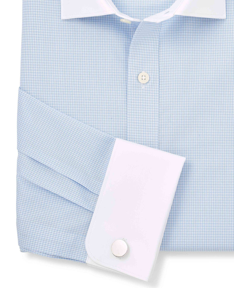 Sky Blue Cotton Gingham Check Slim Fit Winchester Dress Shirt - Double Cuff