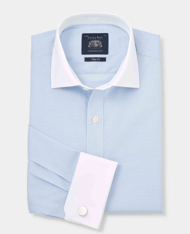 Sky Blue Cotton Gingham Check Slim Fit Winchester Dress Shirt - Double Cuff