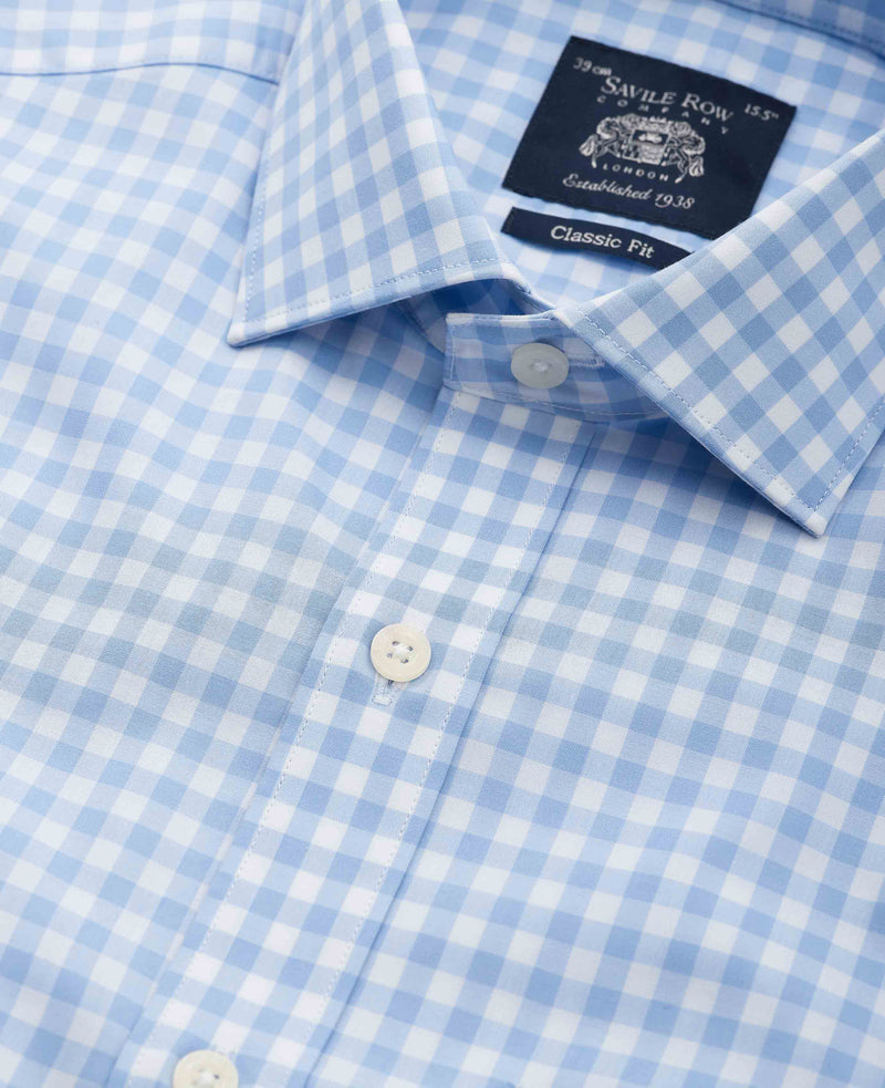 Sky Blue Cotton Gingham Classic Fit Dress Shirt - Single Cuff