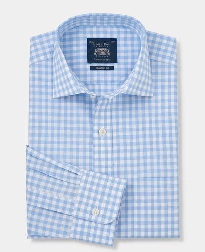 Sky Blue Cotton Gingham Classic Fit Dress Shirt - Single Cuff