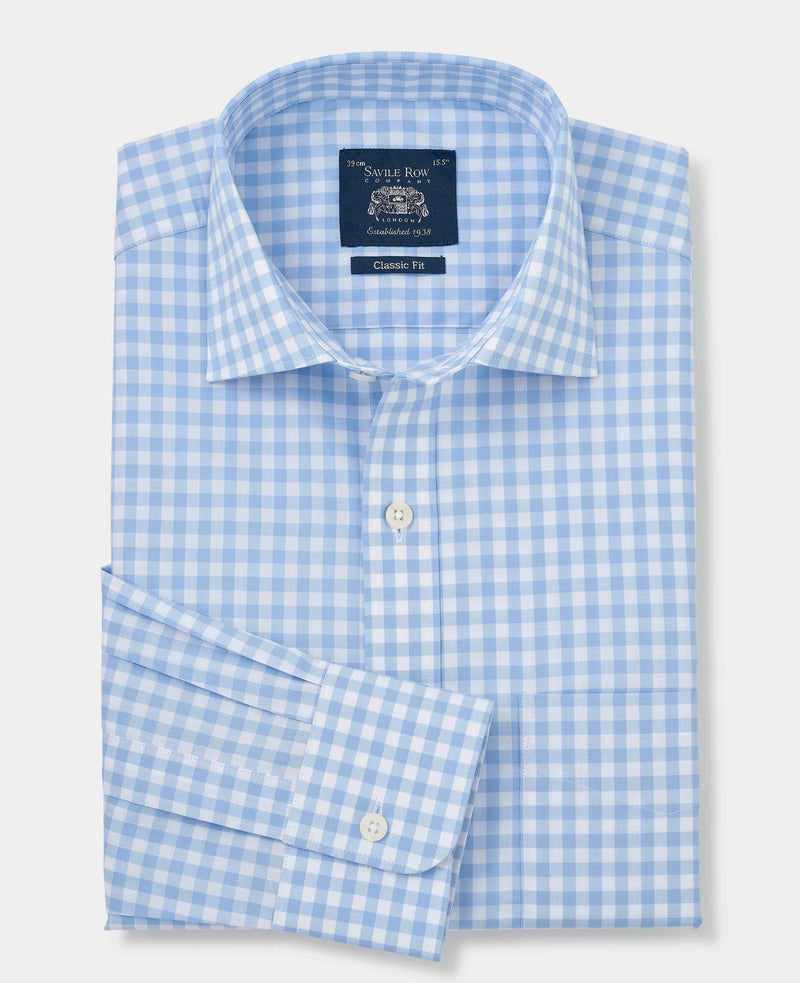 Sky Blue Cotton Gingham Classic Fit Dress Shirt - Single Cuff