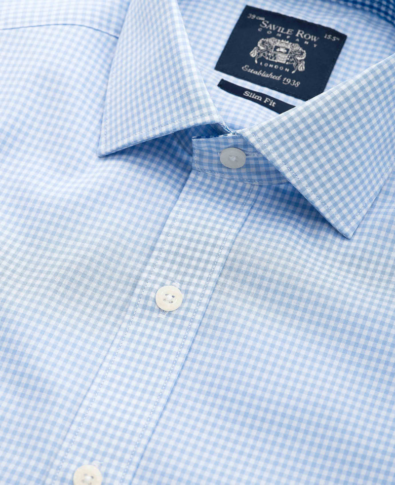 Sky Blue Cotton Gingham Slim Fit Dress Shirt - Single Cuff