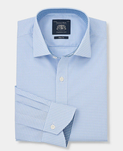 Sky Blue Cotton Gingham Slim Fit Dress Shirt - Single Cuff