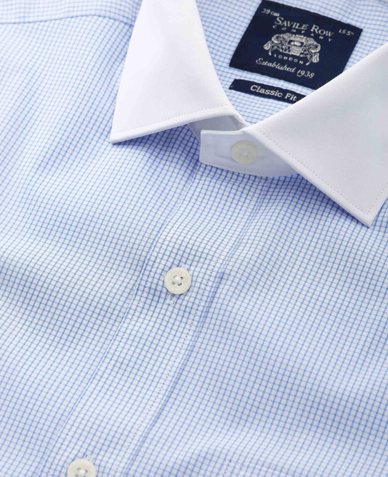 Sky Blue Cotton Window Check Classic Fit Winchester Dress Shirt - French Cuff
