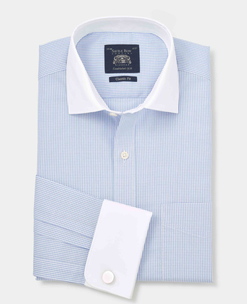 Sky Blue Cotton Window Check Classic Fit Winchester Dress Shirt - French Cuff