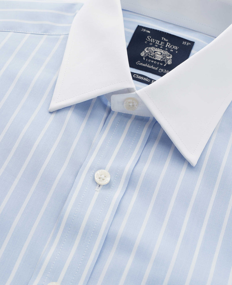 Sky Blue Reverse Stripe Classic Fit Shirt With White Collar & Cuffs - Collar Detail - 1365BLW