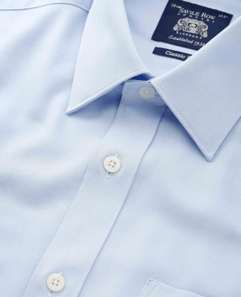Sky Blue Textured Cotton Herringbone Classic Fit Dress Shirt - French Cuff
