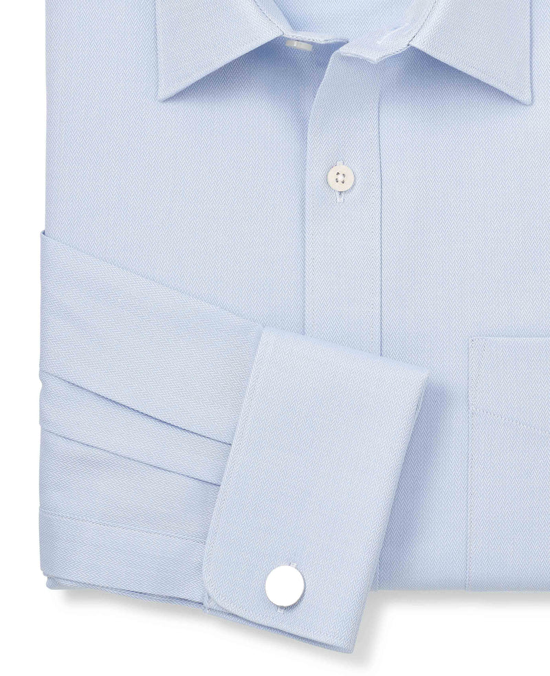 Sky Blue Textured Cotton Herringbone Classic Fit Dress Shirt - French Cuff