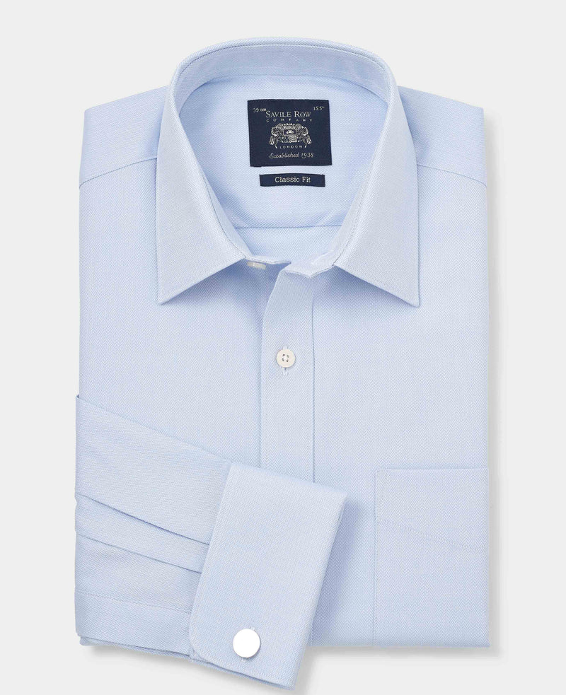 Sky Blue Textured Cotton Herringbone Classic Fit Dress Shirt - French Cuff