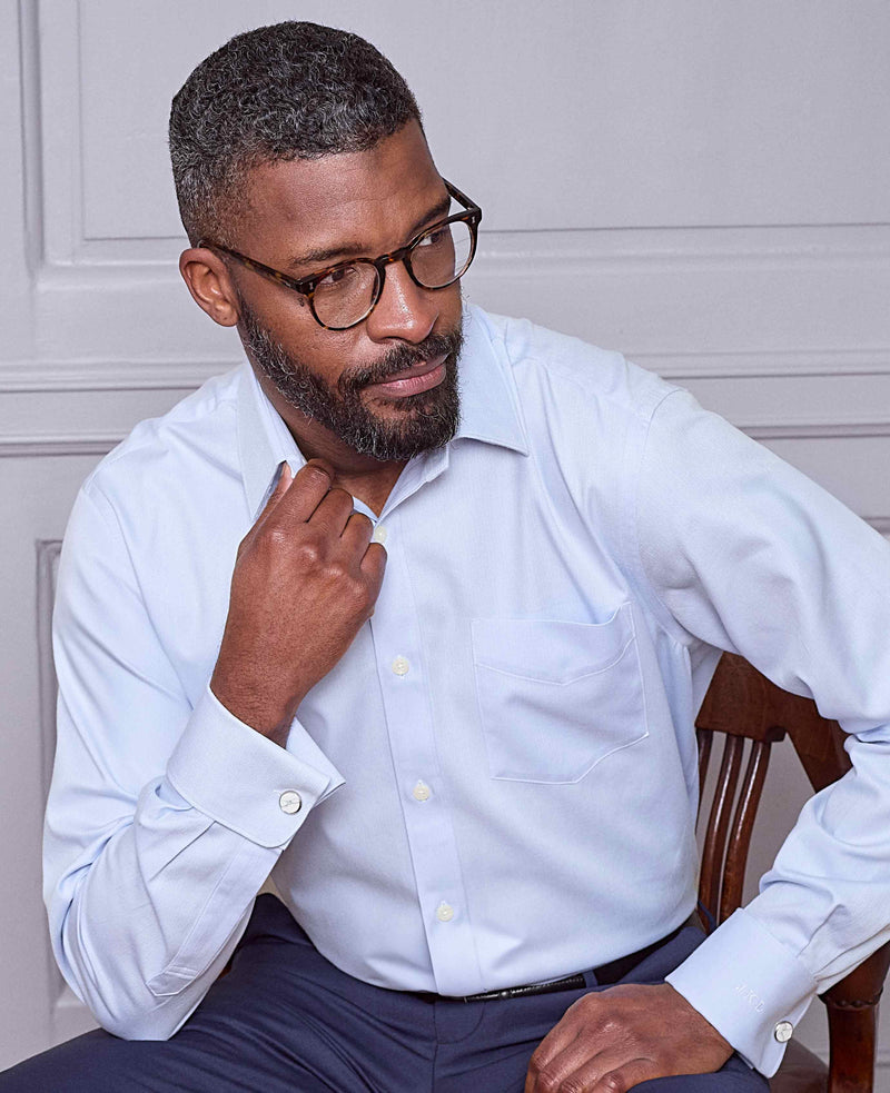 Sky Blue Textured Cotton Herringbone Classic Fit Dress Shirt - French Cuff