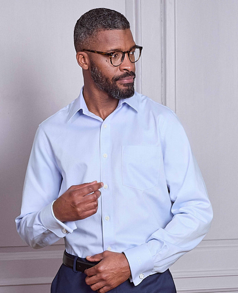 Sky Blue Textured Cotton Herringbone Classic Fit Dress Shirt - French Cuff