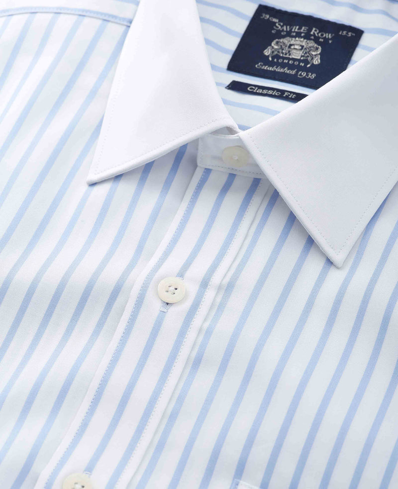 Sky Blue White Cotton Herringbone Stripe Classic Fit Winchester Dress Shirt - French Cuff