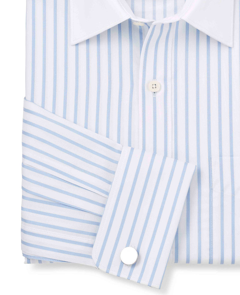 Sky Blue White Cotton Herringbone Stripe Classic Fit Winchester Dress Shirt - French Cuff
