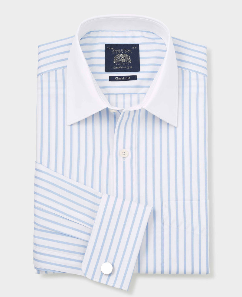 Sky Blue White Cotton Herringbone Stripe Classic Fit Winchester Dress Shirt - French Cuff