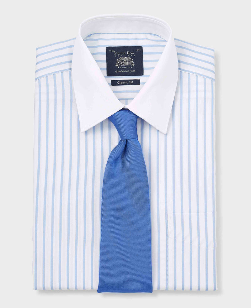 Sky Blue White Cotton Herringbone Stripe Classic Fit Winchester Dress Shirt - French Cuff