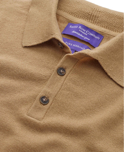 Tan Merino Wool Knitted Polo Shirt  - Collar Detail - MKW527TAN