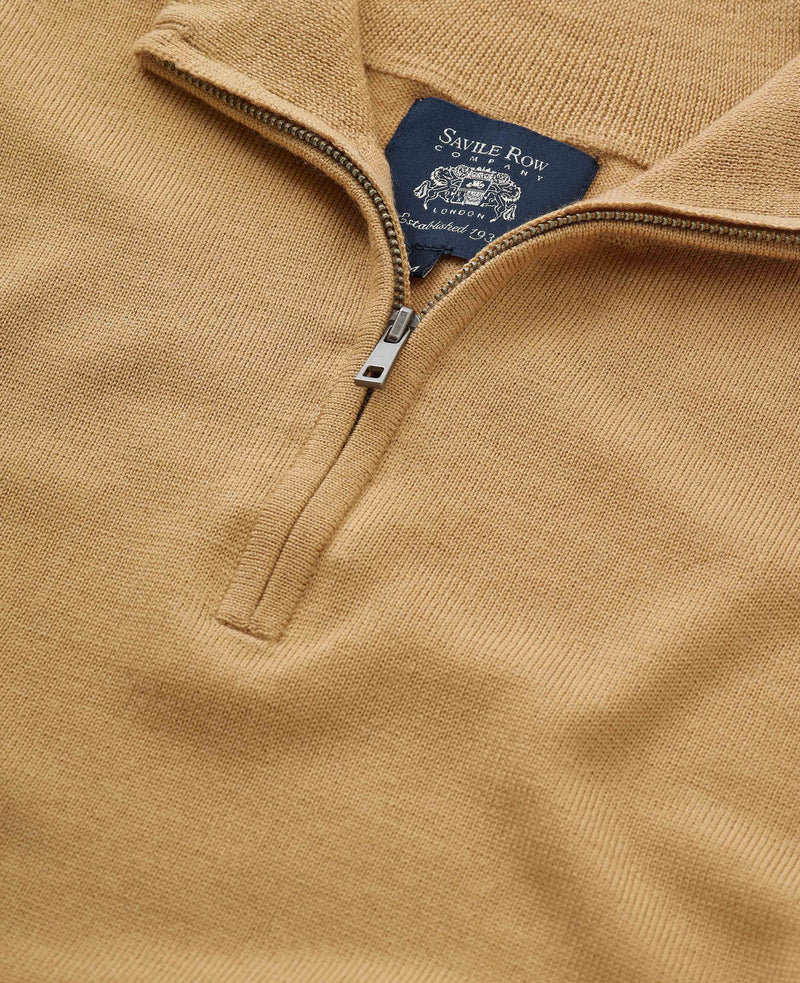 Tan Merino Wool Zip Neck Jumper