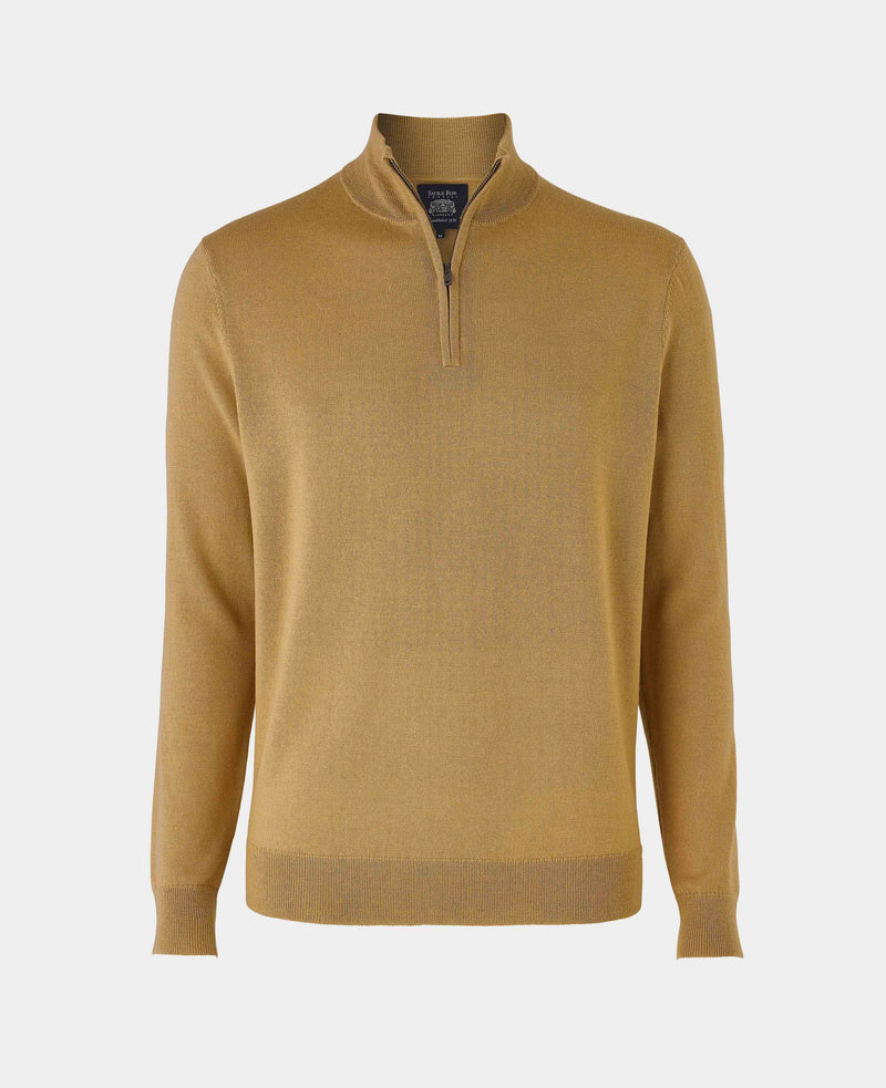 Tan Merino Wool Zip Neck Jumper