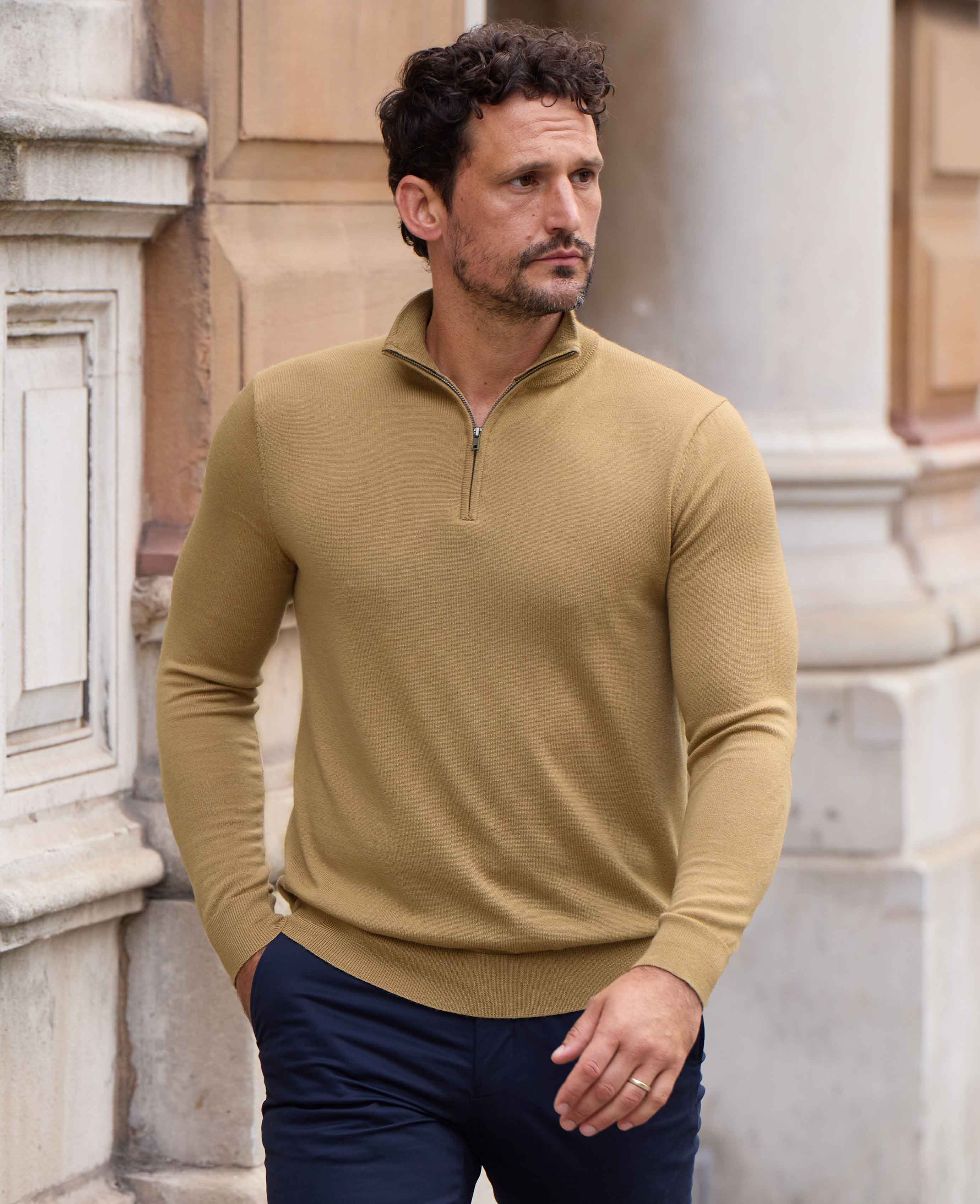 Men s Tan Merino Wool Zip Neck Jumper Savile Row US