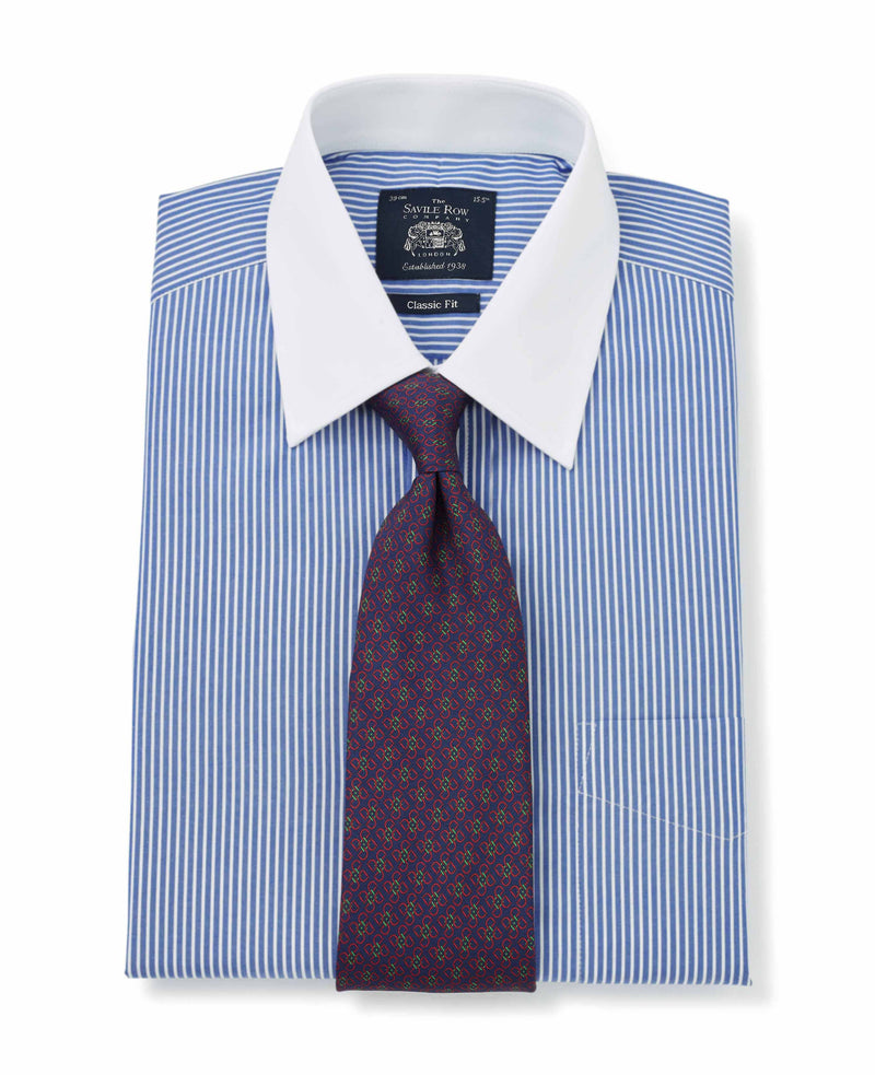 Royal Blue White Stripe Classic Fit Formal Shirt With White Collar & Cuffs - Double Cuff