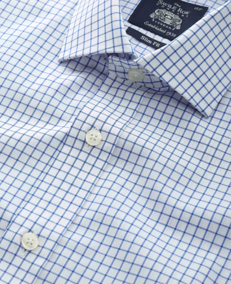 White Blue Windowpane Check Slim Fit Formal Shirt - Double Cuff