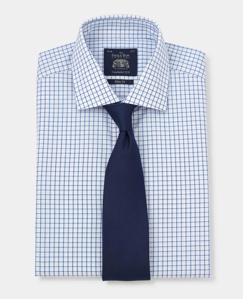 White Blue Windowpane Check Slim Fit Formal Shirt - Double Cuff