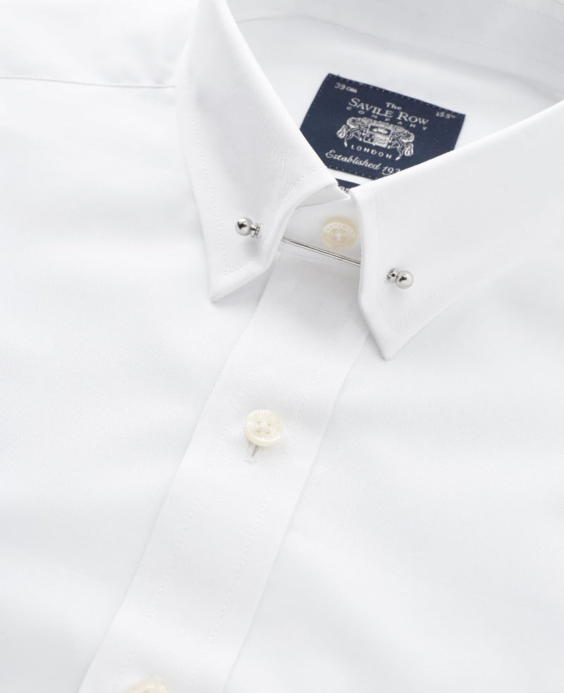 White Classic Fit Pin Collar Shirt - Double Cuff - Rollover