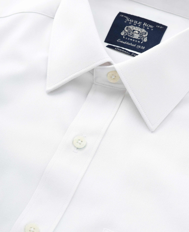 White Cotton Herringbone Classic Fit Dress Shirt - French Cuff