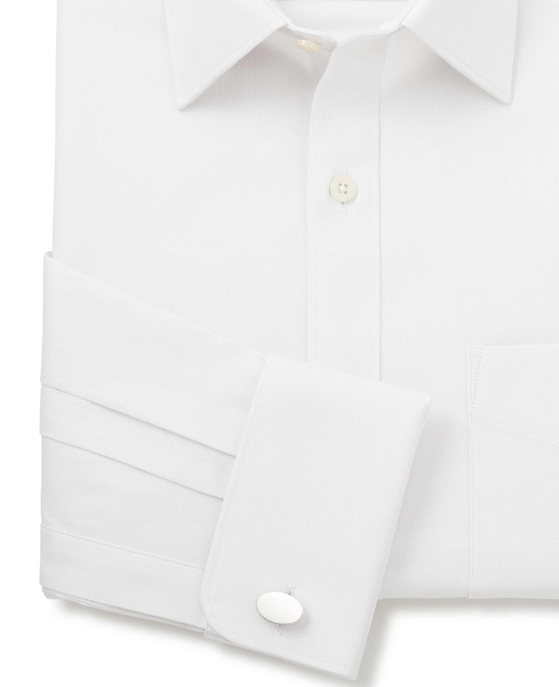 White Cotton Herringbone Classic Fit Dress Shirt - French Cuff