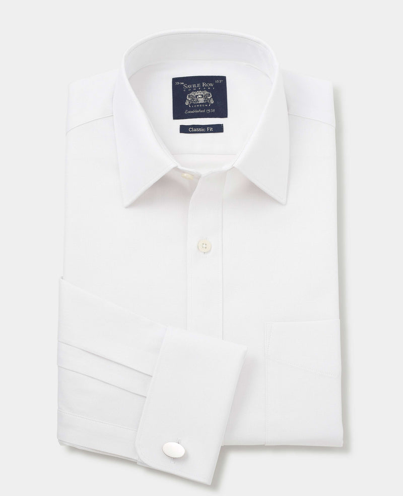 White Cotton Herringbone Classic Fit Dress Shirt - French Cuff