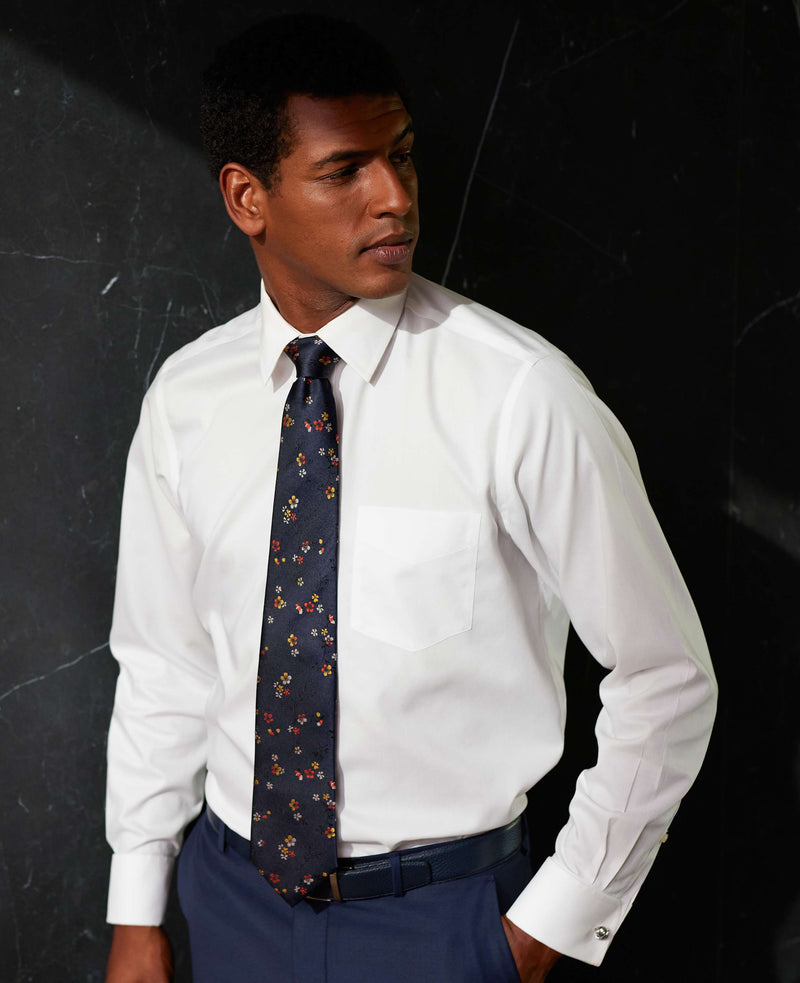 White Cotton Herringbone Classic Fit Dress Shirt - French Cuff