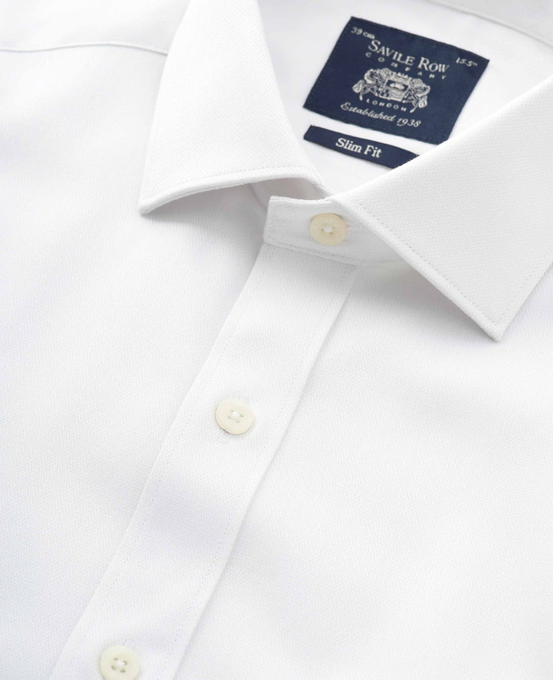 White Cotton Herringbone Slim Fit Dress Shirt - French Cuff