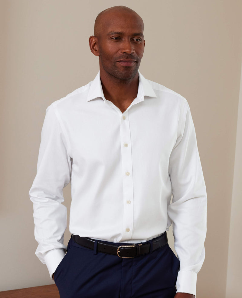 White Cotton Herringbone Slim Fit Dress Shirt - French Cuff