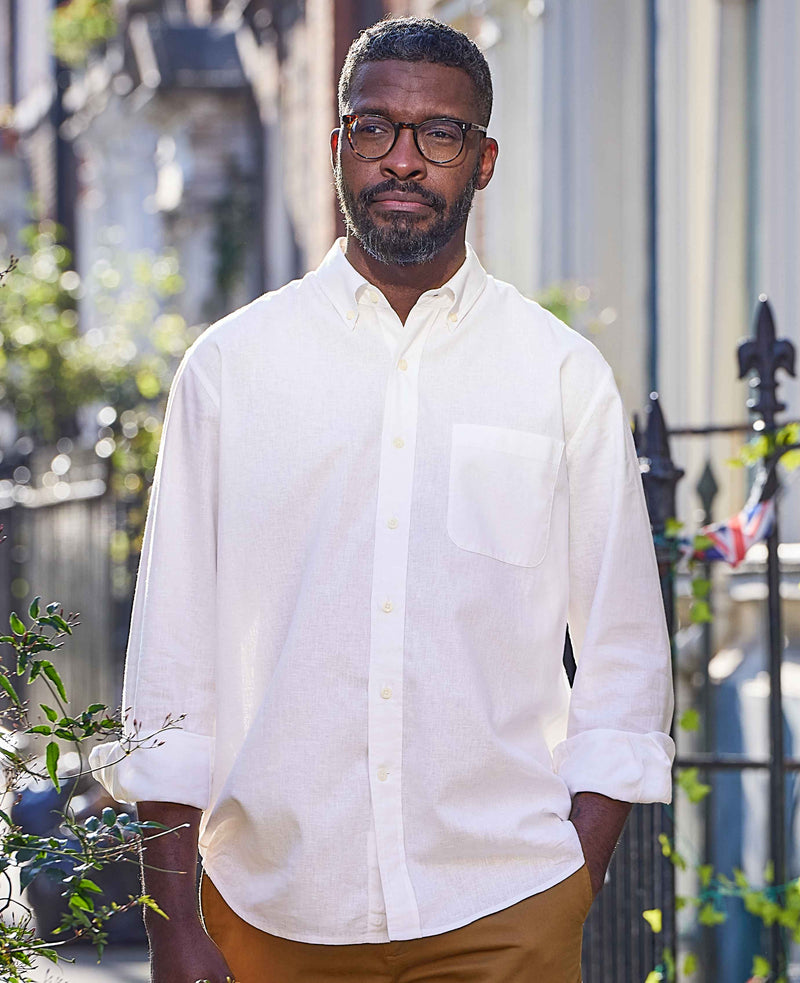 White Linen-Blend Classic Fit Casual Shirt