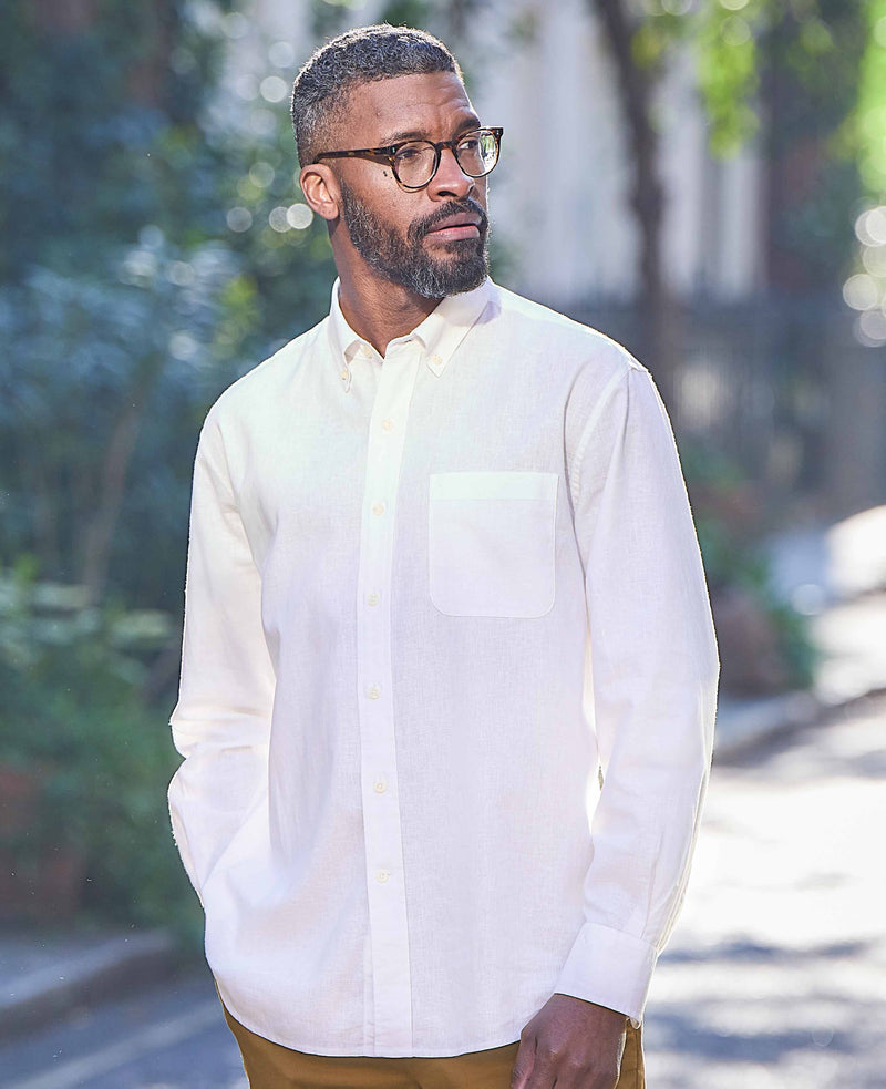 White Linen-Blend Classic Fit Casual Shirt