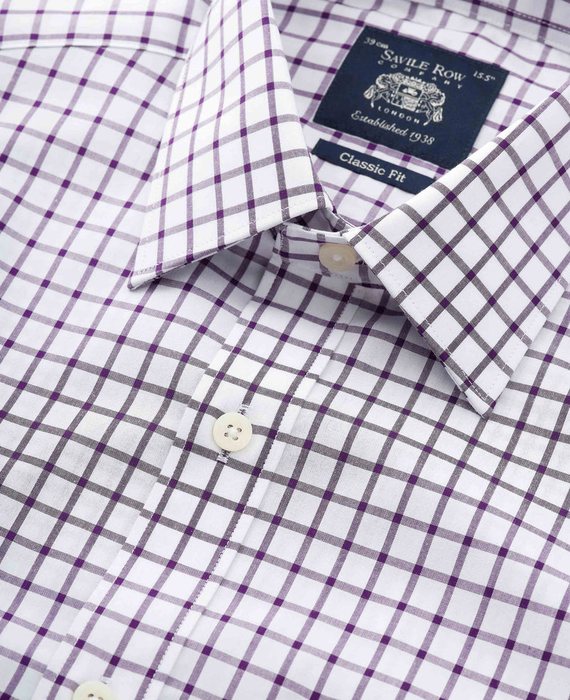 White Purple Cotton Grid Check Classic Fit Dress Shirt - Single Cuff