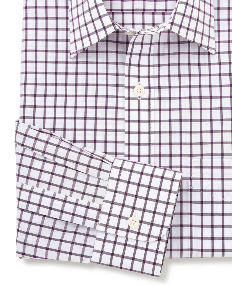 White Purple Cotton Grid Check Classic Fit Dress Shirt - Single Cuff