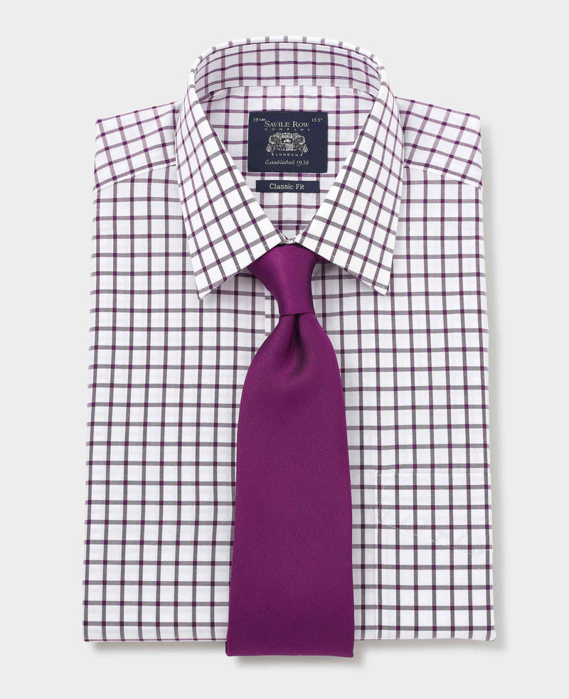 White Purple Cotton Grid Check Classic Fit Dress Shirt - Single Cuff