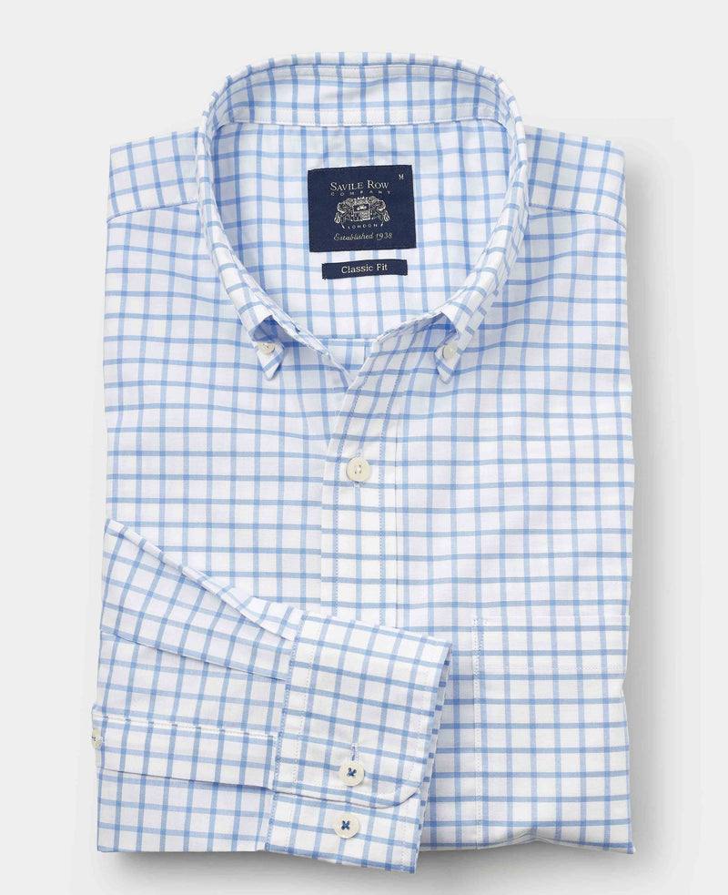 White Sky Blue Stretch Cotton Classic Fit Button-Down Check Casual Shirt