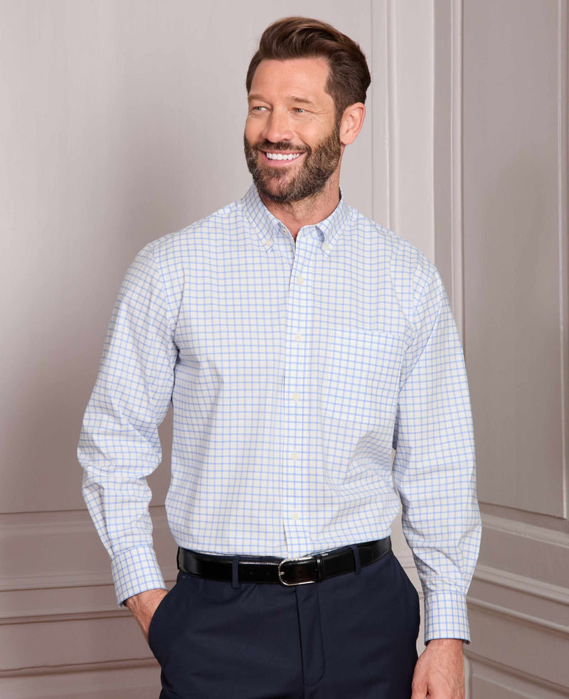 White Sky Blue Stretch Cotton Classic Fit Button-Down Check Casual Shirt