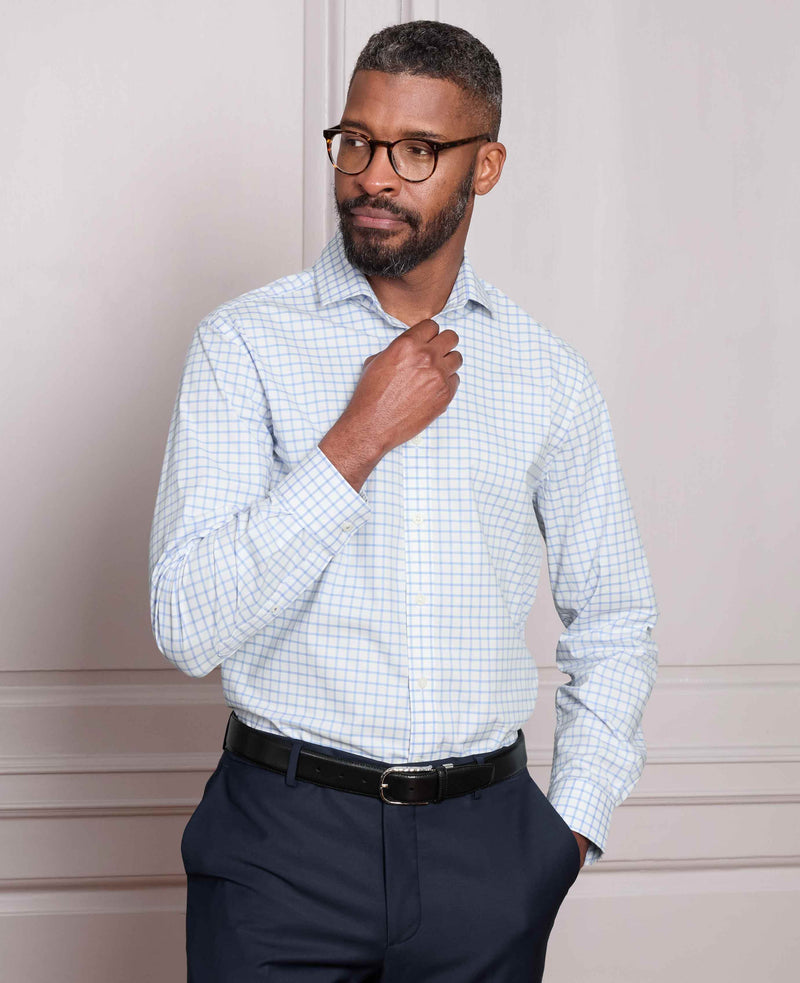 White Sky Blue Stretch Cotton Slim Fit Check Smart Casual Shirt