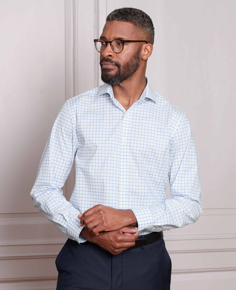 White Sky Blue Stretch Cotton Slim Fit Check Smart Casual Shirt