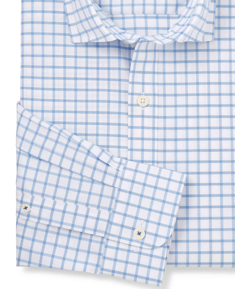 White Sky Blue Stretch Cotton Slim Fit Check Smart Casual Shirt