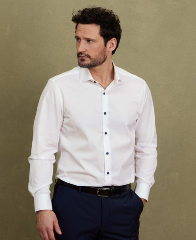 White Slim Fit Contrast Button Smart-Casual Shirt - Single Cuff