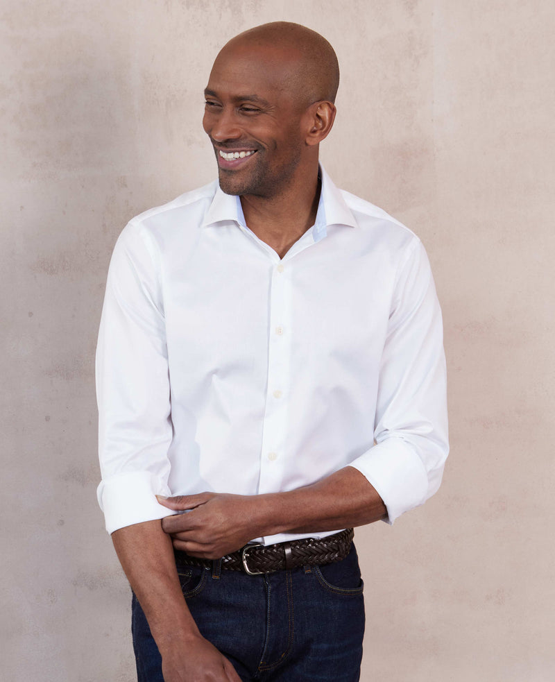 White Two-Ply Cotton Slim Fit Gold Label Dress Shirt - Single Cuff