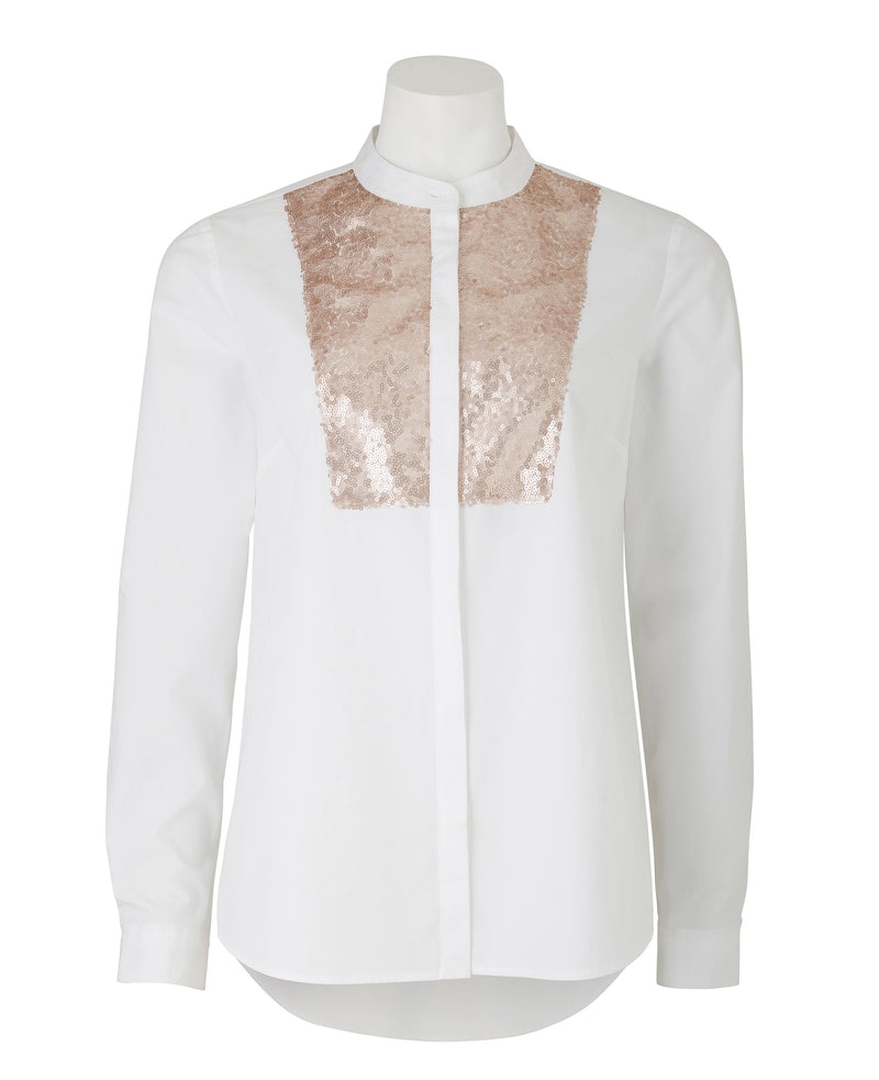 Women's White Sequinned Shirt With Grandad Collar